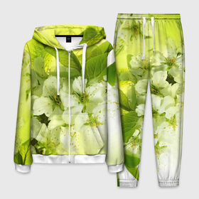 Мужской костюм 3D с принтом Цветы яблони в Екатеринбурге, 100% полиэстер | Манжеты и пояс оформлены тканевой резинкой, двухслойный капюшон со шнурком для регулировки, карманы спереди | белый | весна | дерево | зеленый | природа | растения | цветы | яблоня