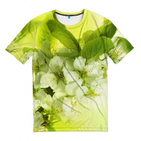 Мужская футболка 3D с принтом Цветы яблони в Екатеринбурге, 100% полиэфир | прямой крой, круглый вырез горловины, длина до линии бедер | белый | весна | дерево | зеленый | природа | растения | цветы | яблоня