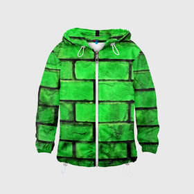 Детская ветровка 3D с принтом Зелёные кирпичики в Екатеринбурге, 100% полиэстер | подол и капюшон оформлены резинкой с фиксаторами, по бокам два кармана без застежек, один потайной карман на груди | Тематика изображения на принте: 3d | зелёные кирпичики | камень | краска | текстуры