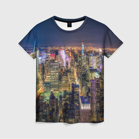Женская футболка 3D с принтом Ночной город 3 в Екатеринбурге, 100% полиэфир ( синтетическое хлопкоподобное полотно) | прямой крой, круглый вырез горловины, длина до линии бедер | город | здания | небо | ночь | свет