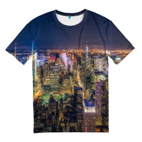 Мужская футболка 3D с принтом Ночной город 3 в Екатеринбурге, 100% полиэфир | прямой крой, круглый вырез горловины, длина до линии бедер | город | здания | небо | ночь | свет