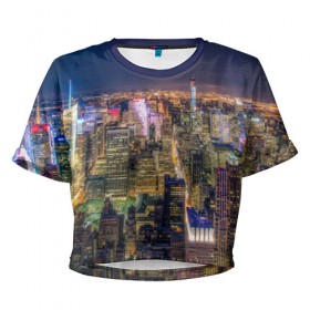 Женская футболка 3D укороченная с принтом Ночной город 3 в Екатеринбурге, 100% полиэстер | круглая горловина, длина футболки до линии талии, рукава с отворотами | город | здания | небо | ночь | свет