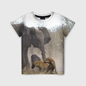 Детская футболка 3D с принтом Гиены охотятся на слона в Екатеринбурге, 100% гипоаллергенный полиэфир | прямой крой, круглый вырез горловины, длина до линии бедер, чуть спущенное плечо, ткань немного тянется | Тематика изображения на принте: африка | африканский | бивни | большой | гигант джунгли | гиены | индийский | индия | лесной великан | мамонт | огромный | охота | саванна | сафари | серый | слон | слониха | стадо | уши | хобот