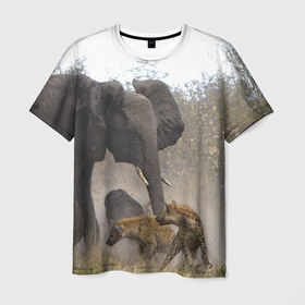 Мужская футболка 3D с принтом Гиены охотятся на слона в Екатеринбурге, 100% полиэфир | прямой крой, круглый вырез горловины, длина до линии бедер | африка | африканский | бивни | большой | гигант джунгли | гиены | индийский | индия | лесной великан | мамонт | огромный | охота | саванна | сафари | серый | слон | слониха | стадо | уши | хобот