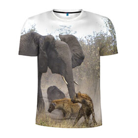Мужская футболка 3D спортивная с принтом Гиены охотятся на слона в Екатеринбурге, 100% полиэстер с улучшенными характеристиками | приталенный силуэт, круглая горловина, широкие плечи, сужается к линии бедра | африка | африканский | бивни | большой | гигант джунгли | гиены | индийский | индия | лесной великан | мамонт | огромный | охота | саванна | сафари | серый | слон | слониха | стадо | уши | хобот