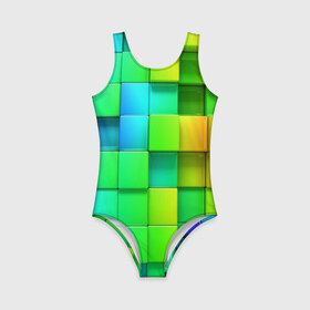 Детский купальник 3D с принтом Пазлы в Екатеринбурге, Полиэстер 85%, Спандекс 15% | Слитный крой, подклад по переду изделия, узкие бретели | абстракция | годнота | зеленый. кубы | пазлы | радуга | яркий