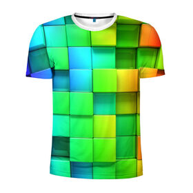 Мужская футболка 3D спортивная с принтом Пазлы в Екатеринбурге, 100% полиэстер с улучшенными характеристиками | приталенный силуэт, круглая горловина, широкие плечи, сужается к линии бедра | Тематика изображения на принте: абстракция | годнота | зеленый. кубы | пазлы | радуга | яркий