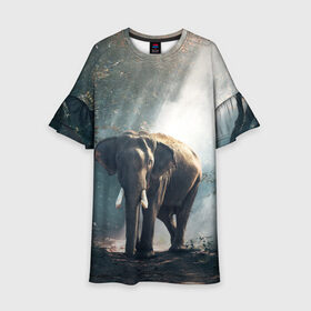 Детское платье 3D с принтом Слон в лесу в Екатеринбурге, 100% полиэстер | прямой силуэт, чуть расширенный к низу. Круглая горловина, на рукавах — воланы | африка | африканский | бивни | большой | гигант джунгли | зоопарк | индийский | индия | лесной великан | мамонт | огромный | саванна | сафари | серый | слон | слоненок | слониха | стадо | уши | хобот