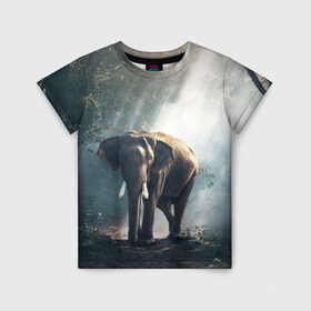 Детская футболка 3D с принтом Слон в лесу в Екатеринбурге, 100% гипоаллергенный полиэфир | прямой крой, круглый вырез горловины, длина до линии бедер, чуть спущенное плечо, ткань немного тянется | африка | африканский | бивни | большой | гигант джунгли | зоопарк | индийский | индия | лесной великан | мамонт | огромный | саванна | сафари | серый | слон | слоненок | слониха | стадо | уши | хобот