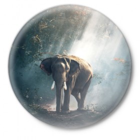 Значок с принтом Слон в лесу в Екатеринбурге,  металл | круглая форма, металлическая застежка в виде булавки | Тематика изображения на принте: африка | африканский | бивни | большой | гигант джунгли | зоопарк | индийский | индия | лесной великан | мамонт | огромный | саванна | сафари | серый | слон | слоненок | слониха | стадо | уши | хобот