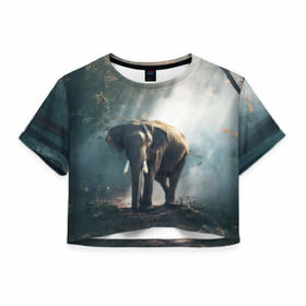 Женская футболка 3D укороченная с принтом Слон в лесу в Екатеринбурге, 100% полиэстер | круглая горловина, длина футболки до линии талии, рукава с отворотами | африка | африканский | бивни | большой | гигант джунгли | зоопарк | индийский | индия | лесной великан | мамонт | огромный | саванна | сафари | серый | слон | слоненок | слониха | стадо | уши | хобот