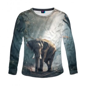 Женский лонгслив 3D с принтом Слон в лесу в Екатеринбурге, 100% полиэстер | длинные рукава, круглый вырез горловины, полуприлегающий силуэт | африка | африканский | бивни | большой | гигант джунгли | зоопарк | индийский | индия | лесной великан | мамонт | огромный | саванна | сафари | серый | слон | слоненок | слониха | стадо | уши | хобот
