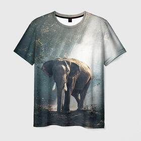 Мужская футболка 3D с принтом Слон в лесу в Екатеринбурге, 100% полиэфир | прямой крой, круглый вырез горловины, длина до линии бедер | Тематика изображения на принте: африка | африканский | бивни | большой | гигант джунгли | зоопарк | индийский | индия | лесной великан | мамонт | огромный | саванна | сафари | серый | слон | слоненок | слониха | стадо | уши | хобот