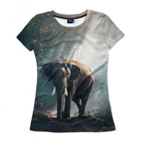 Женская футболка 3D с принтом Слон в лесу в Екатеринбурге, 100% полиэфир ( синтетическое хлопкоподобное полотно) | прямой крой, круглый вырез горловины, длина до линии бедер | африка | африканский | бивни | большой | гигант джунгли | зоопарк | индийский | индия | лесной великан | мамонт | огромный | саванна | сафари | серый | слон | слоненок | слониха | стадо | уши | хобот