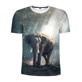 Мужская футболка 3D спортивная с принтом Слон в лесу в Екатеринбурге, 100% полиэстер с улучшенными характеристиками | приталенный силуэт, круглая горловина, широкие плечи, сужается к линии бедра | африка | африканский | бивни | большой | гигант джунгли | зоопарк | индийский | индия | лесной великан | мамонт | огромный | саванна | сафари | серый | слон | слоненок | слониха | стадо | уши | хобот