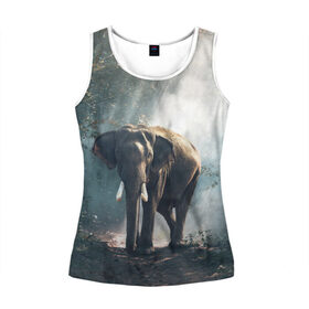 Женская майка 3D с принтом Слон в лесу в Екатеринбурге, 100% полиэстер | круглая горловина, прямой силуэт, длина до линии бедра | африка | африканский | бивни | большой | гигант джунгли | зоопарк | индийский | индия | лесной великан | мамонт | огромный | саванна | сафари | серый | слон | слоненок | слониха | стадо | уши | хобот