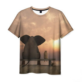 Мужская футболка 3D с принтом Слон с собакой на лавке, закат в Екатеринбурге, 100% полиэфир | прямой крой, круглый вырез горловины, длина до линии бедер | 