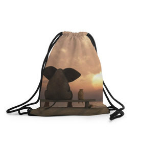 Рюкзак-мешок 3D с принтом Слон с собакой на лавке, закат в Екатеринбурге, 100% полиэстер | плотность ткани — 200 г/м2, размер — 35 х 45 см; лямки — толстые шнурки, застежка на шнуровке, без карманов и подкладки | 