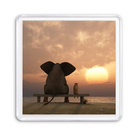 Магнит 55*55 с принтом Слон с собакой на лавке, закат в Екатеринбурге, Пластик | Размер: 65*65 мм; Размер печати: 55*55 мм | 