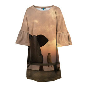 Детское платье 3D с принтом Слон с собакой на лавке, закат в Екатеринбурге, 100% полиэстер | прямой силуэт, чуть расширенный к низу. Круглая горловина, на рукавах — воланы | Тематика изображения на принте: 