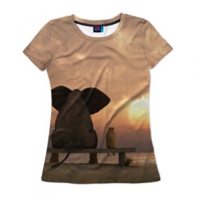 Женская футболка 3D с принтом Слон с собакой на лавке, закат в Екатеринбурге, 100% полиэфир ( синтетическое хлопкоподобное полотно) | прямой крой, круглый вырез горловины, длина до линии бедер | 