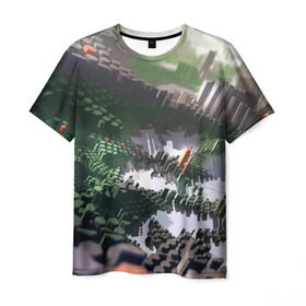 Мужская футболка 3D с принтом Объемный эквалайзер в Екатеринбурге, 100% полиэфир | прямой крой, круглый вырез горловины, длина до линии бедер | 3д | графика | зеленый | объемный | оранжевый | эквалайзер