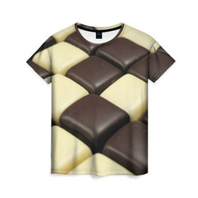 Женская футболка 3D с принтом Шоколадные конфеты в Екатеринбурге, 100% полиэфир ( синтетическое хлопкоподобное полотно) | прямой крой, круглый вырез горловины, длина до линии бедер | десерт | еда | конфеты | сладкое | структуры | шахматы | шоколад