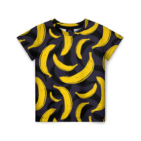 Детская футболка 3D с принтом Бананы в Екатеринбурге, 100% гипоаллергенный полиэфир | прямой крой, круглый вырез горловины, длина до линии бедер, чуть спущенное плечо, ткань немного тянется | Тематика изображения на принте: bananas | food. vegan | fruit | yellow | бананы | веган | еда | желтый | фрукты