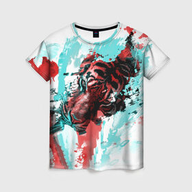Женская футболка 3D с принтом Тигр в Екатеринбурге, 100% полиэфир ( синтетическое хлопкоподобное полотно) | прямой крой, круглый вырез горловины, длина до линии бедер | акварель | картина | кошка | краски | рисунок | тигр