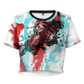 Женская футболка 3D укороченная с принтом Тигр в Екатеринбурге, 100% полиэстер | круглая горловина, длина футболки до линии талии, рукава с отворотами | акварель | картина | кошка | краски | рисунок | тигр