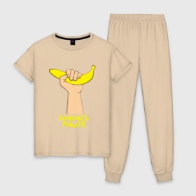 Женская пижама хлопок с принтом Сила бананов в Екатеринбурге, 100% хлопок | брюки и футболка прямого кроя, без карманов, на брюках мягкая резинка на поясе и по низу штанин | Тематика изображения на принте: banana | power | банан | банана | еда | пальма | сила