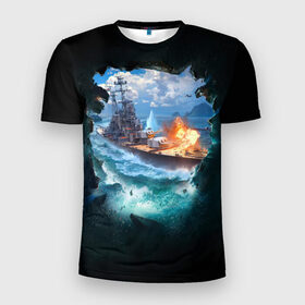 Мужская футболка 3D спортивная с принтом Корабль в Екатеринбурге, 100% полиэстер с улучшенными характеристиками | приталенный силуэт, круглая горловина, широкие плечи, сужается к линии бедра | 9 мая | вмф | вмф россии | военно морской флот | день победы | корабль | море | россия