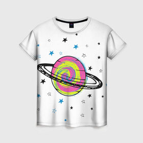 Женская футболка 3D с принтом Планета в Екатеринбурге, 100% полиэфир ( синтетическое хлопкоподобное полотно) | прямой крой, круглый вырез горловины, длина до линии бедер | звезда | звезды | космос | планета | планеты | ракета | ракеты