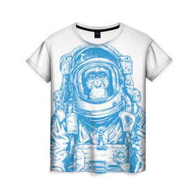 Женская футболка 3D с принтом Космомакака в Екатеринбурге, 100% полиэфир ( синтетическое хлопкоподобное полотно) | прямой крой, круглый вырез горловины, длина до линии бедер | день космонавтики | звезда | звезды | космонавт | космонавты | космос | планета | планеты | ракета | ракеты
