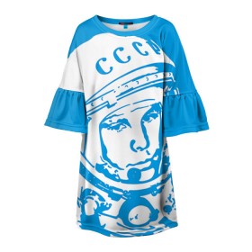 Детское платье 3D с принтом Гагарин 1 в Екатеринбурге, 100% полиэстер | прямой силуэт, чуть расширенный к низу. Круглая горловина, на рукавах — воланы | гагарин | день космонавтики | звезды | космос