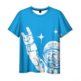 Мужская футболка 3D с принтом Гагарин 2 в Екатеринбурге, 100% полиэфир | прямой крой, круглый вырез горловины, длина до линии бедер | Тематика изображения на принте: гагарин | день космонавтики | звезды | космос