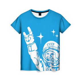 Женская футболка 3D с принтом Гагарин 2 в Екатеринбурге, 100% полиэфир ( синтетическое хлопкоподобное полотно) | прямой крой, круглый вырез горловины, длина до линии бедер | гагарин | день космонавтики | звезды | космос