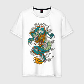 Мужская футболка хлопок с принтом Дракон в Екатеринбурге, 100% хлопок | прямой крой, круглый вырез горловины, длина до линии бедер, слегка спущенное плечо. | Тематика изображения на принте: дракон | китай | монстр | фен | шуй