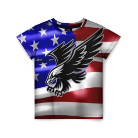 Детская футболка 3D с принтом Флаг США с орлом в Екатеринбурге, 100% гипоаллергенный полиэфир | прямой крой, круглый вырез горловины, длина до линии бедер, чуть спущенное плечо, ткань немного тянется | Тематика изображения на принте: usa | америка | белоголовый | герб | государство | доллар | дядя сэм | звездно полосатый флаг | лысый | нато | оон | орел | птица | свобода | символ | соединённые штаты америки | страна | сша | штат