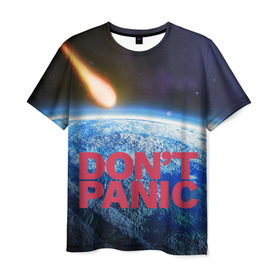 Мужская футболка 3D с принтом Без паники, метеорит в Екатеринбурге, 100% полиэфир | прямой крой, круглый вырез горловины, длина до линии бедер | do not panic | dont panic | апокалипсис | без паники | взрыв | гибель | земля | классная | комета | конец света | космос | крутая | метеорит | не надо | прикол | прикольная надпись | ужас