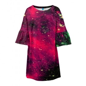 Детское платье 3D с принтом Розовый космос в Екатеринбурге, 100% полиэстер | прямой силуэт, чуть расширенный к низу. Круглая горловина, на рукавах — воланы | nebula | space | star | вселенная | звезды | земля | космический | космос | планеты | плеяды | пространство | созвездие