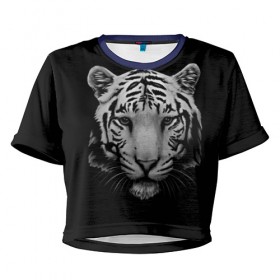 Женская футболка 3D укороченная с принтом Тигр в Екатеринбурге, 100% полиэстер | круглая горловина, длина футболки до линии талии, рукава с отворотами | белый тигр | кошка | тигр