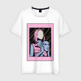 Мужская футболка хлопок с принтом Без лица в Екатеринбурге, 100% хлопок | прямой крой, круглый вырез горловины, длина до линии бедер, слегка спущенное плечо. | без лица | девушка | лицо в руках | розовые волосы