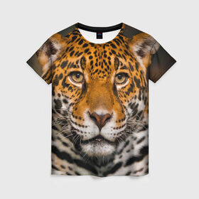 Женская футболка 3D с принтом Jaguar в Екатеринбурге, 100% полиэфир ( синтетическое хлопкоподобное полотно) | прямой крой, круглый вырез горловины, длина до линии бедер | глаза | дикая кошка | кошка | леопард | сафари | хищник | ягуар