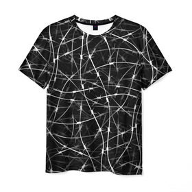 Мужская футболка 3D с принтом Колючая проволка в Екатеринбурге, 100% полиэфир | прямой крой, круглый вырез горловины, длина до линии бедер | белый | гранж | забор | колючка | ограда | паттерн | черно белый | черный | шипы