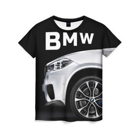 Женская футболка 3D с принтом BMW белая в Екатеринбурге, 100% полиэфир ( синтетическое хлопкоподобное полотно) | прямой крой, круглый вырез горловины, длина до линии бедер | bmw | x3 x4 x5 x6 x7 x8 | авто | автомобиль | блатная | бмв | бумер | бэха | иномарка | концерн | красивая | крутая | марка немецкая | машина | пацанский таз | прикольная | тачила | тачка