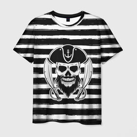 Мужская футболка 3D с принтом Тельняшка в Екатеринбурге, 100% полиэфир | прямой крой, круглый вырез горловины, длина до линии бедер | геометрия | линии | море | океан | оружие | пират | полосы | тельняшка | череп | черно белый | шляпа | якорь