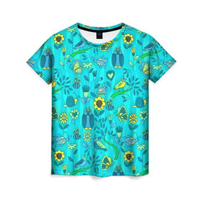 Женская футболка 3D с принтом Flowers and birds в Екатеринбурге, 100% полиэфир ( синтетическое хлопкоподобное полотно) | прямой крой, круглый вырез горловины, длина до линии бедер | 3d | бабочки | другие | насекомые | прикольные | птицы | растения | сова | текстуры | узор | цветные | цветы | яркие