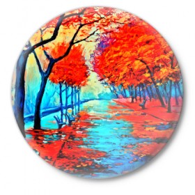Значок с принтом Autumn в Екатеринбурге,  металл | круглая форма, металлическая застежка в виде булавки | Тематика изображения на принте: 3d | вода | деревья | другие | желтый | живопись | картинка | краски | листья | осень | пейзаж | прикольные | природа | река | рисунок | яркие