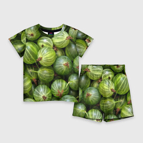 Детский костюм с шортами 3D с принтом Крыжовник в Екатеринбурге,  |  | еда | зеленый | крыжовник | растения | текстура | фрукты | ягоды